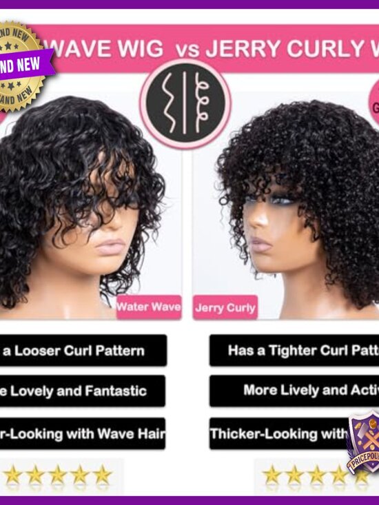 Short Jerry Curl Bob Wig 12 Inch Glueless Human Hair with Bangs Wear and Go main image 4